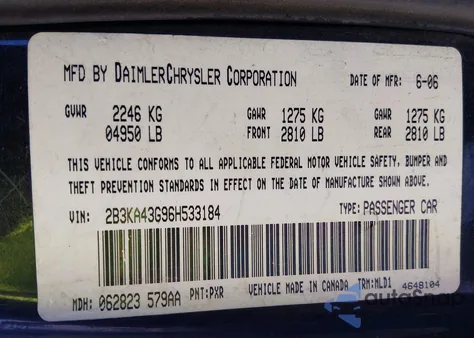 2006 Dodge Charger z USA, uszkodzony, nr VIN 2B3KA43G96H533184